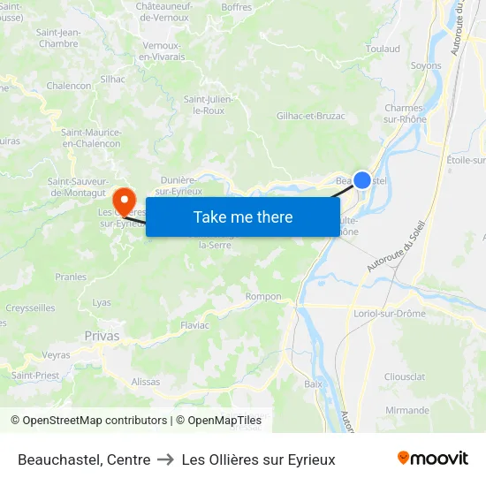 Beauchastel, Centre to Les Ollières sur Eyrieux map