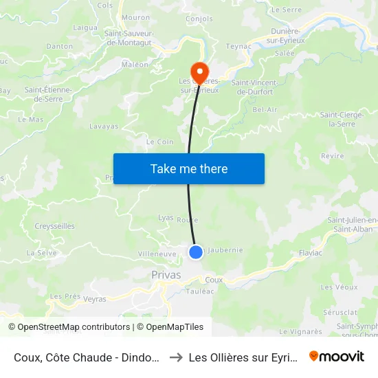 Coux, Côte Chaude - Dindonne to Les Ollières sur Eyrieux map