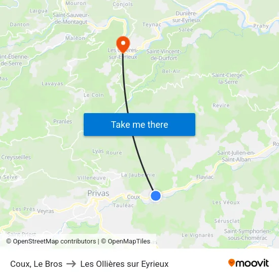 Coux, Le Bros to Les Ollières sur Eyrieux map