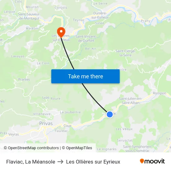 Flaviac, La Méansole to Les Ollières sur Eyrieux map