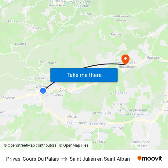 Privas, Cours Du Palais to Saint Julien en Saint Alban map