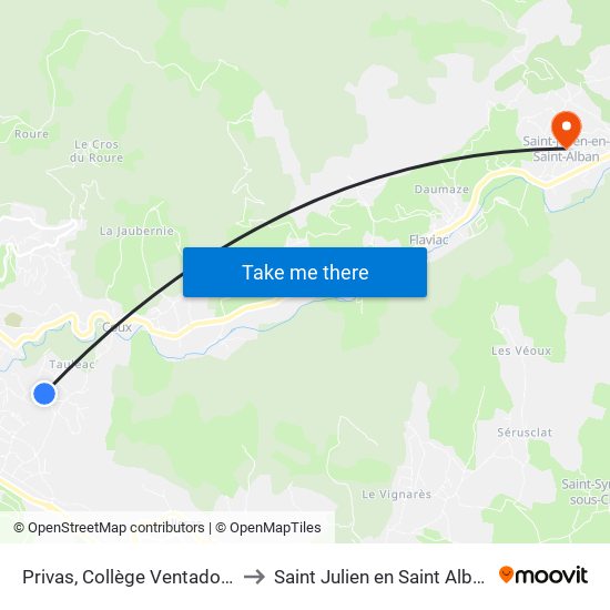 Privas, Collège Ventadour to Saint Julien en Saint Alban map
