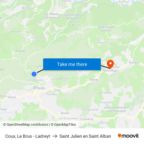 Coux, Le Brus - Ladreyt to Saint Julien en Saint Alban map