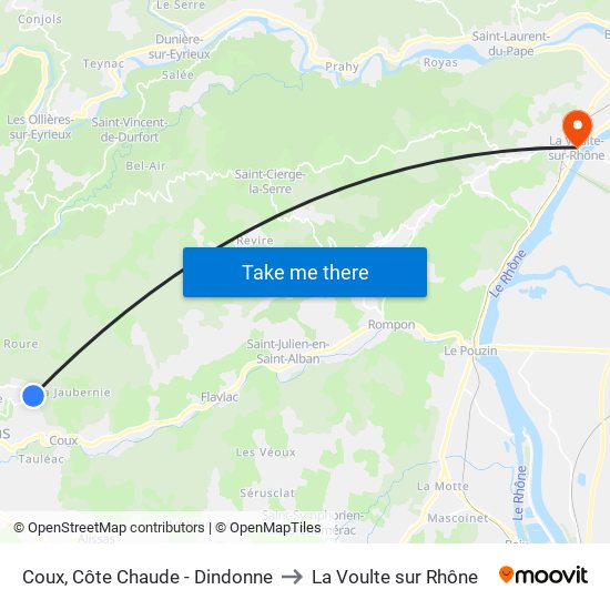 Coux, Côte Chaude - Dindonne to La Voulte sur Rhône map