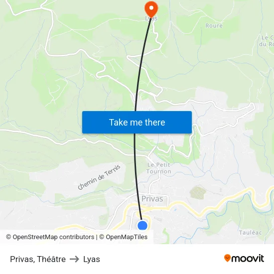 Privas, Théâtre to Lyas map