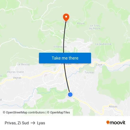 Privas, Zi Sud to Lyas map