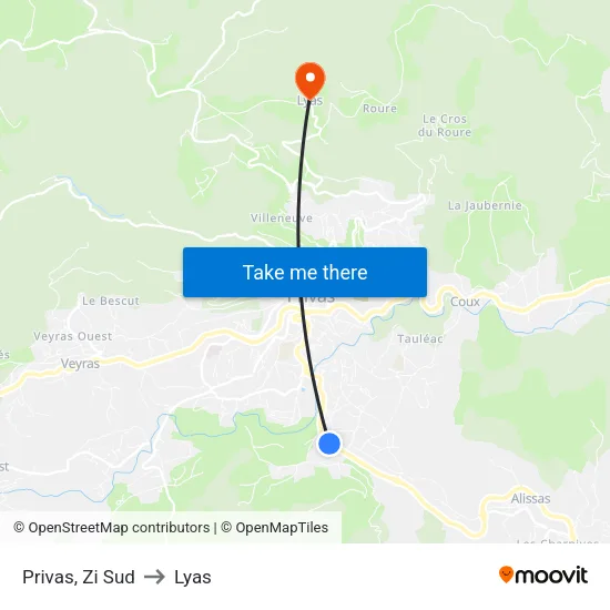 Privas, Zi Sud to Lyas map