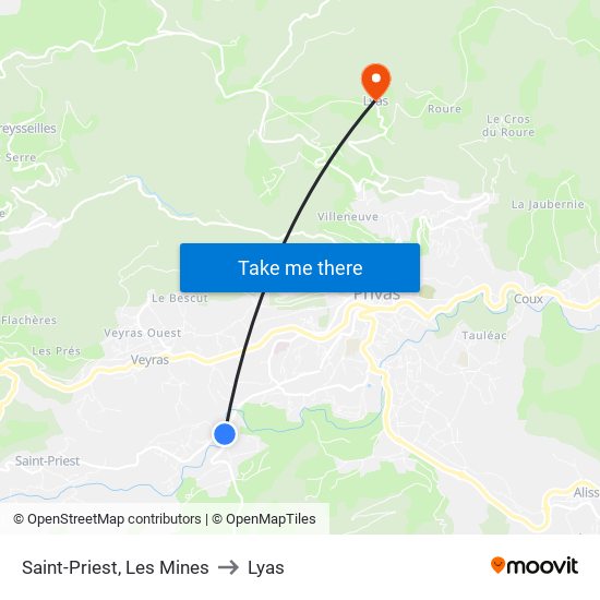 Saint-Priest, Les Mines to Lyas map