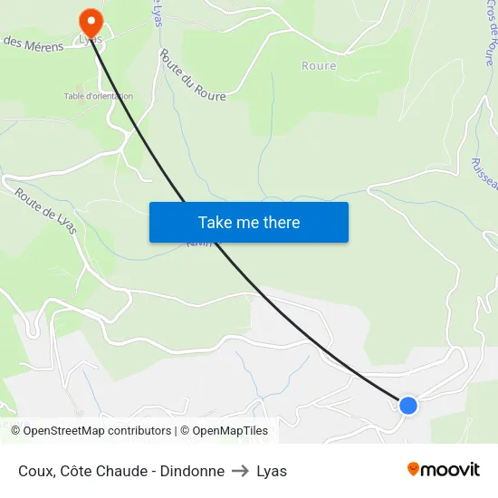 Coux, Côte Chaude - Dindonne to Lyas map