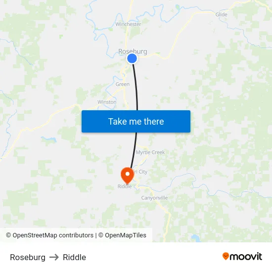 Roseburg to Riddle map