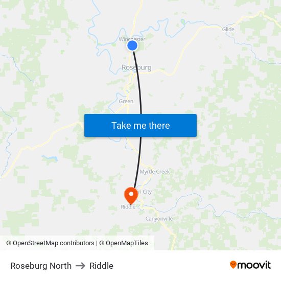 Roseburg North to Riddle map