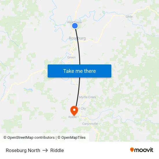 Roseburg North to Riddle map