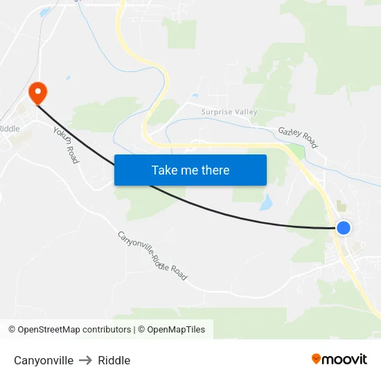 Canyonville to Riddle map
