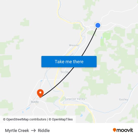 Myrtle Creek to Riddle map