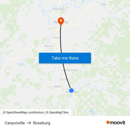 Canyonville to Roseburg map