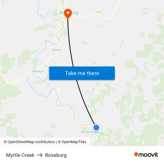 Myrtle Creek to Roseburg map