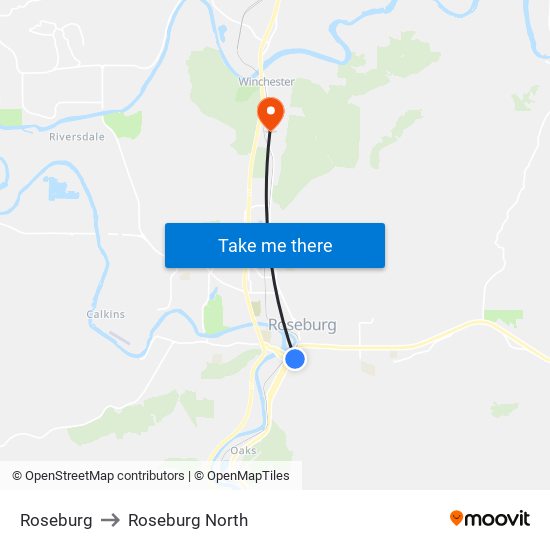 Roseburg to Roseburg North map