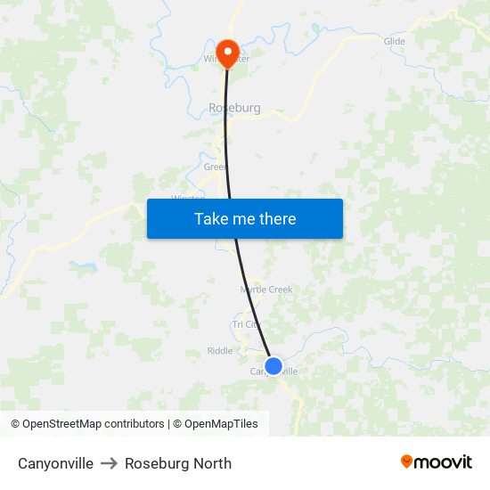 Canyonville to Roseburg North map