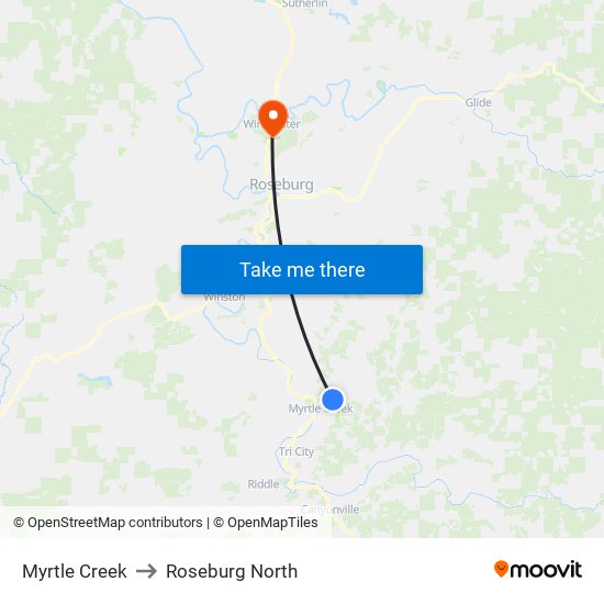 Myrtle Creek to Roseburg North map