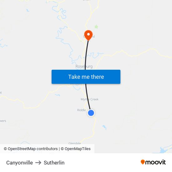 Canyonville to Sutherlin map