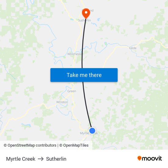 Myrtle Creek to Sutherlin map
