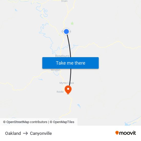 Oakland to Canyonville map
