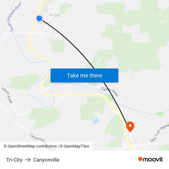 Tri-City to Canyonville map