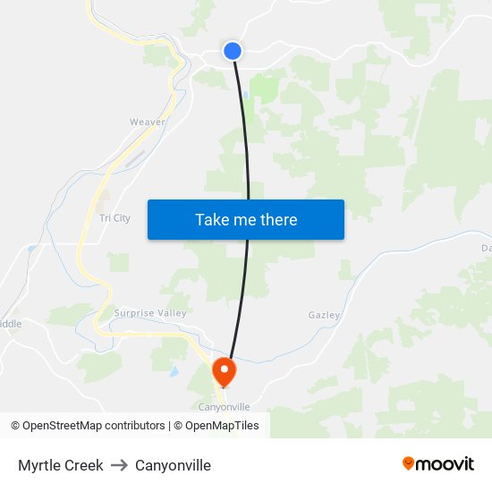 Myrtle Creek to Canyonville map