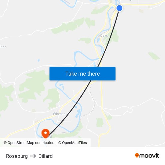 Roseburg to Dillard map