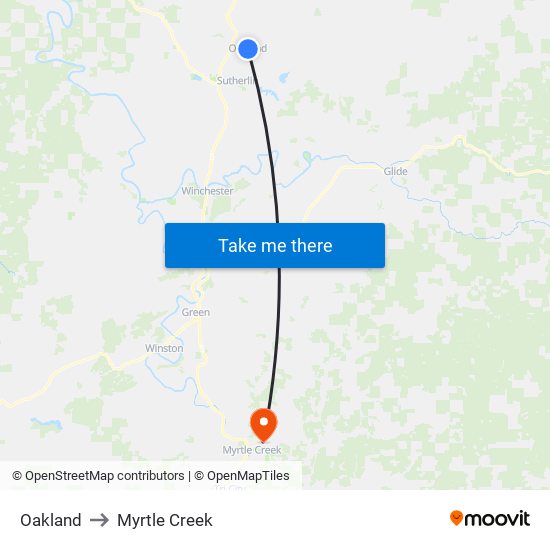 Oakland to Myrtle Creek map