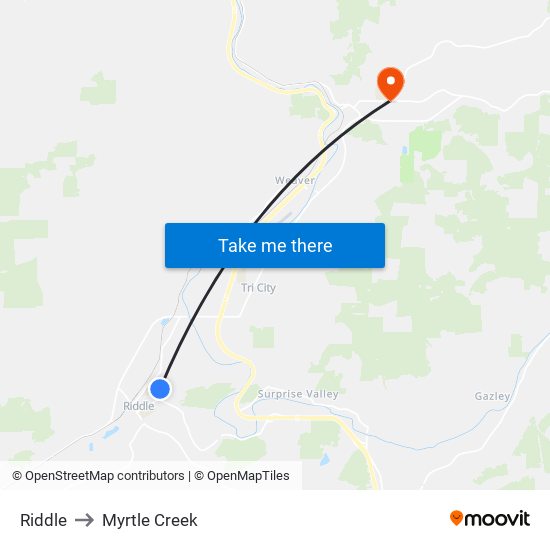 Riddle to Myrtle Creek map