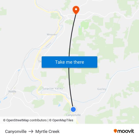 Canyonville to Myrtle Creek map