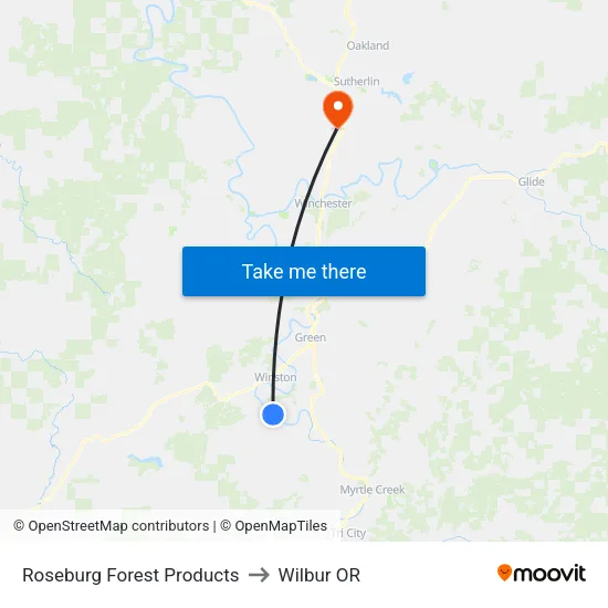 Roseburg Forest Products to Wilbur OR map