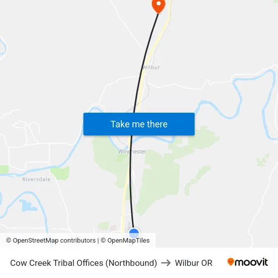 Cow Creek Tribal Offices (Northbound) to Wilbur OR map