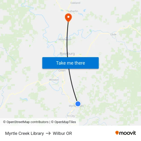 Myrtle Creek Library to Wilbur OR map