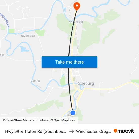 Hwy 99 & Tipton Rd (Southbound) to Winchester, Oregon map