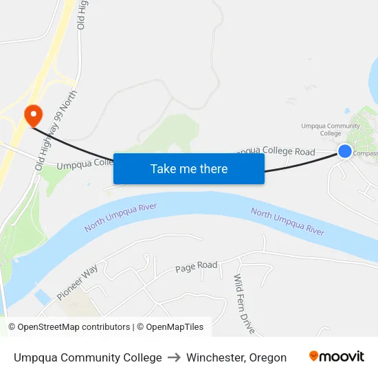 Umpqua Community College to Winchester, Oregon map