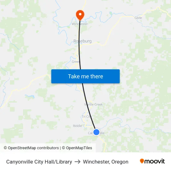 Canyonville City Hall/Library to Winchester, Oregon map