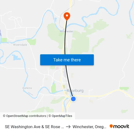 SE Washington Ave & SE Rose St to Winchester, Oregon map