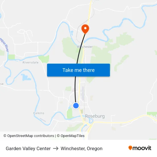 Garden Valley Center to Winchester, Oregon map