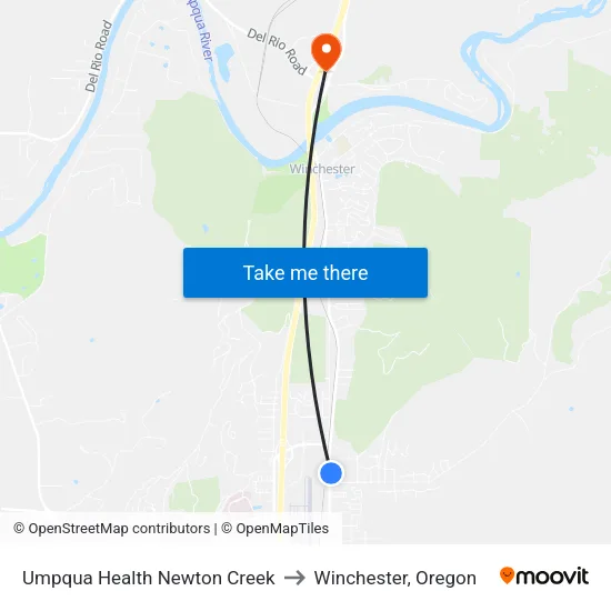 Umpqua Health Newton Creek to Winchester, Oregon map