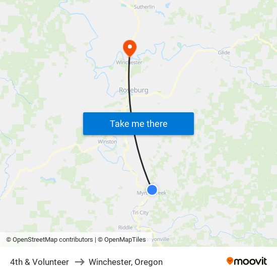 4th & Volunteer to Winchester, Oregon map
