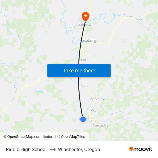 Riddle High School to Winchester, Oregon map