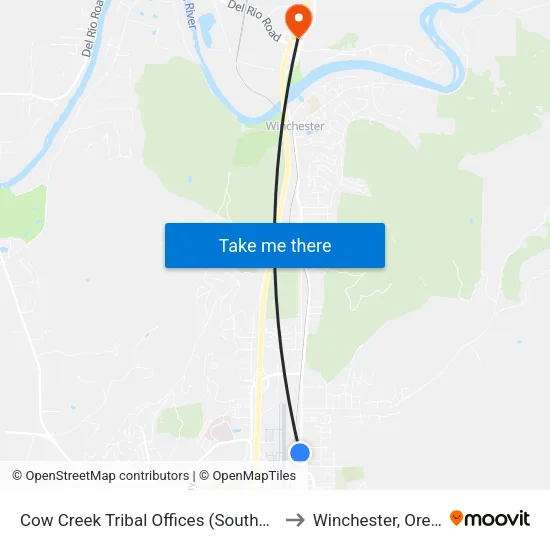 Cow Creek Tribal Offices (Southbound) to Winchester, Oregon map