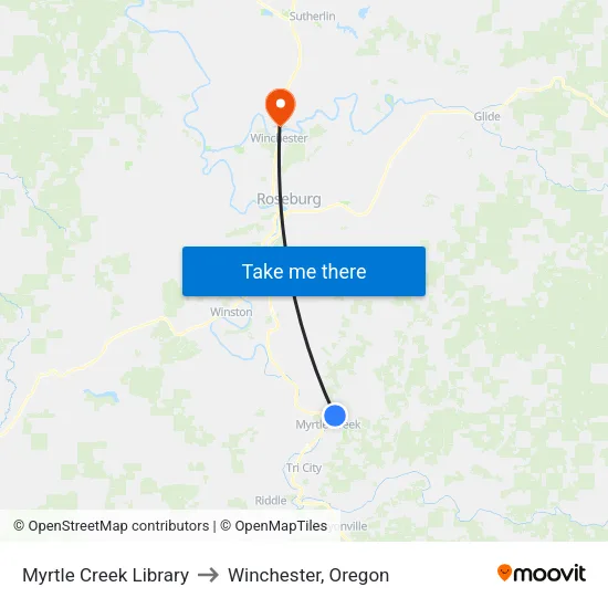 Myrtle Creek Library to Winchester, Oregon map