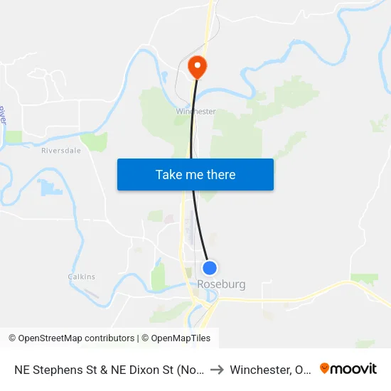 NE Stephens St & NE Dixon St (Northbound) to Winchester, Oregon map