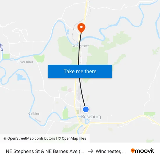 NE Stephens St & NE Barnes Ave (Southbound) to Winchester, Oregon map