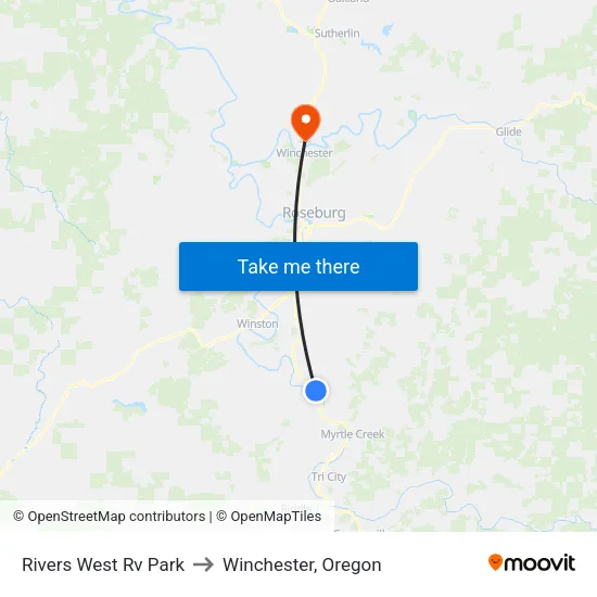 Rivers West Rv Park to Winchester, Oregon map