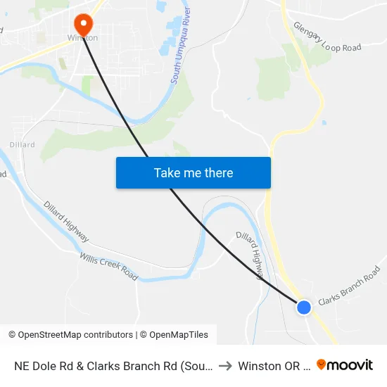 NE Dole Rd & Clarks Branch Rd (Southbound) to Winston OR USA map