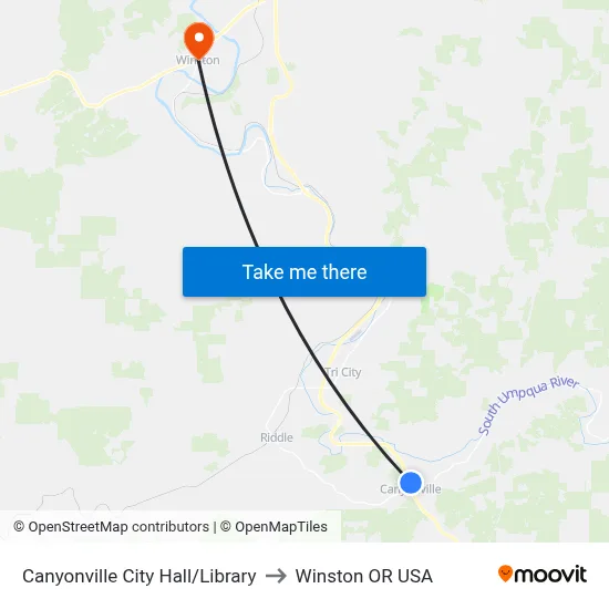 Canyonville City Hall/Library to Winston OR USA map